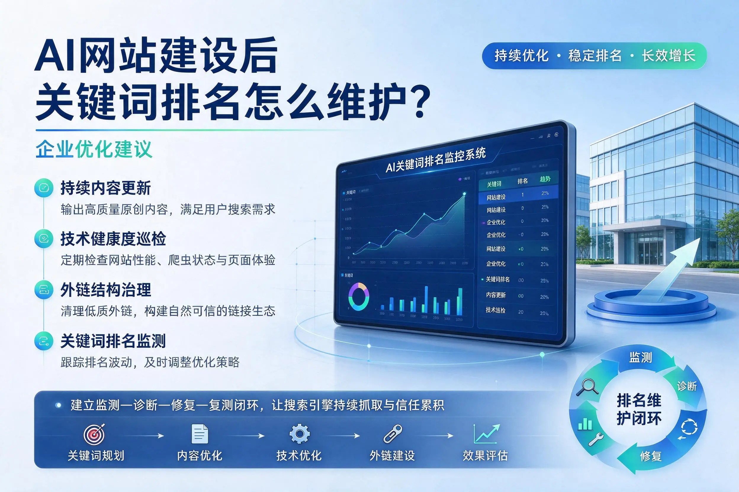 AI网站建设后关键词排名怎么维护?本溪企业优化建议